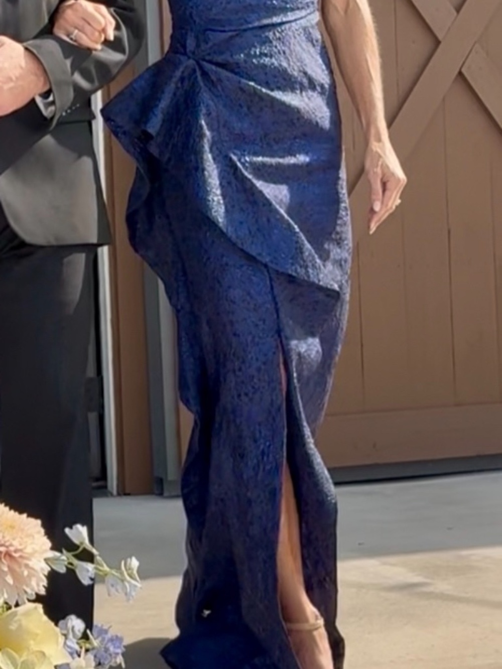 Teri Jon by Rickie Freeman Metallic One Shoulder Jacquard Gown Size 2 Black Blue - Picture 5 of 10